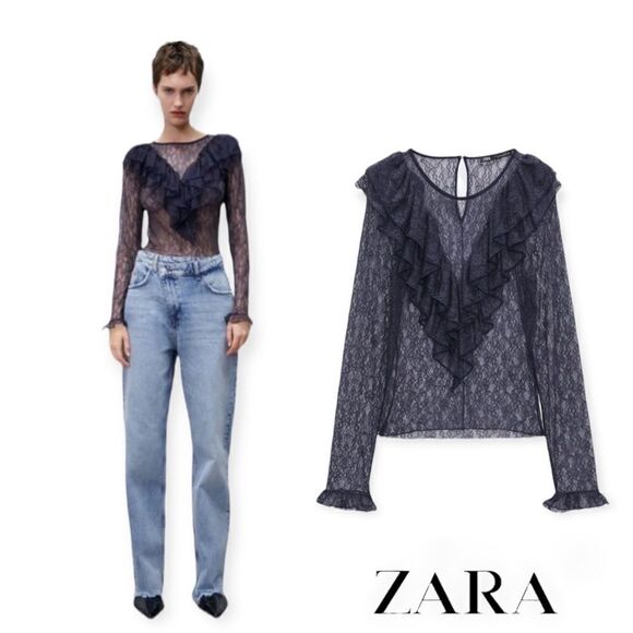 ZARA | Navy | RUFFLED LACE TOP - Picture 1 of 10
